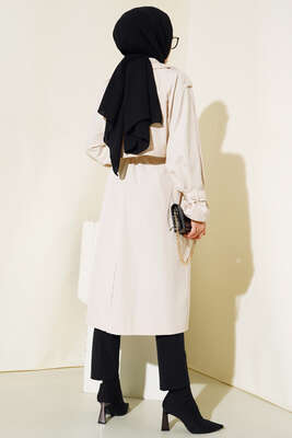 Kol Bantlı Kruvaze Trençkot Taş - Thumbnail