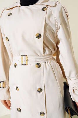 Kol Bantlı Kruvaze Trençkot Taş - Thumbnail