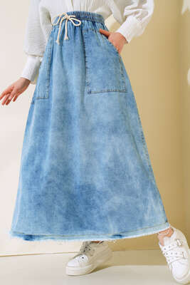 Bel Lastikli İpli Kot Etek Kot Mavisi - Thumbnail