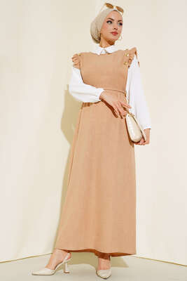 Omuz Fırfırlı İkili Takım Elbise Bej - Thumbnail