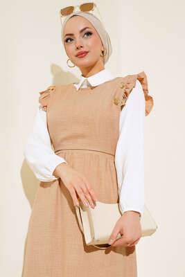 Omuz Fırfırlı İkili Takım Elbise Bej - Thumbnail