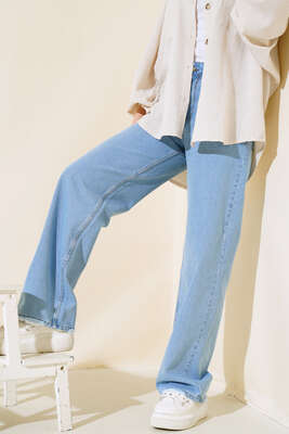 Pazarium - Yüksel Bel Palazzo Kot Pantolon Buz Mavisi