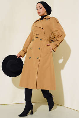 Kol Bantlı Belden Kuşaklı Trençkot Camel - Thumbnail