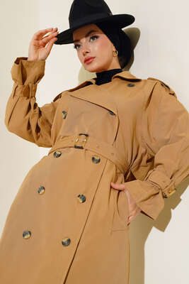 Kol Bantlı Belden Kuşaklı Trençkot Camel - Thumbnail