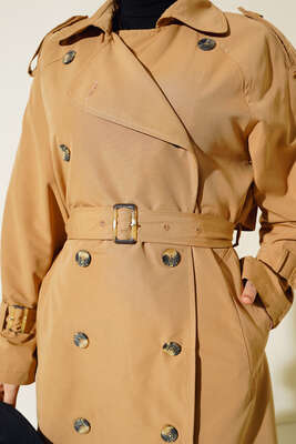 Kol Bantlı Belden Kuşaklı Trençkot Camel - Thumbnail