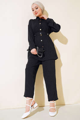 Pazarium - Kemerli Kuş Gözü Çizgili Takım Siyah