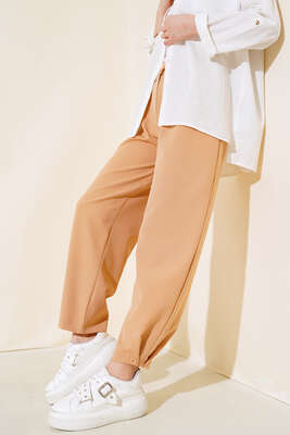 Pazarium - Kemeri Biritli Çizgili Pantolon Latte