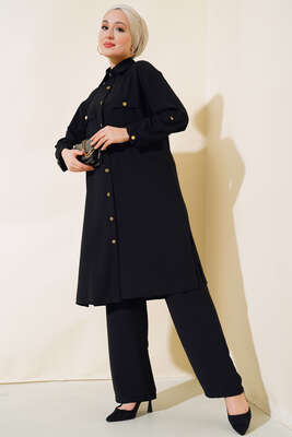 Pazarium - Gold Düğmeli Krep İkili Takım Siyah