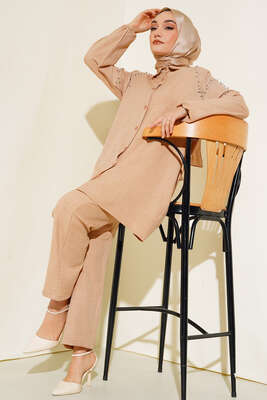 Pazarium - Omuzları Taşlı Keten İkili Takım Latte