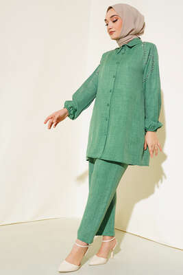 Pazarium - Omuzları Taşlı Keten İkili Takım Yeşil