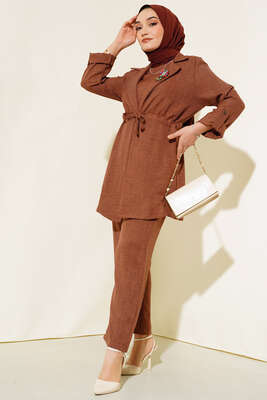 Beli İpli Keten Üçlü Takım Kahve - Thumbnail