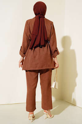 Beli İpli Keten Üçlü Takım Kahve - Thumbnail