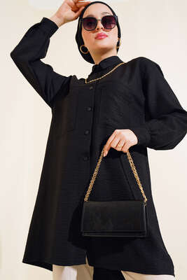 Pazarium - Göğsü Çift Cepli Salaş Gömlek Siyah