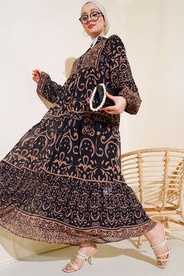 Pazarium - Yarıdan Düğmeli Şifon Elbise Siyah Latte