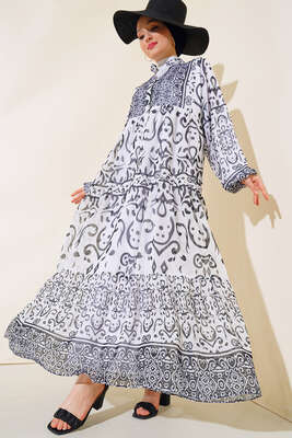 Pazarium - Yarıdan Düğmeli Şifon Elbise Beyaz