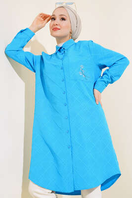 Pazarium - Cebi Çiçek Taşlı Tunik Mavi