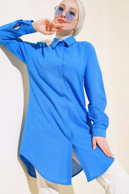 Pazarium - Gizli Düğmeli Keten Gömlek Saks