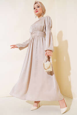 Kolu Büzgülü Elbise Bej - Thumbnail