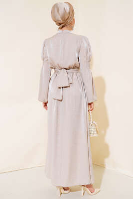 Kolu Büzgülü Elbise Bej - Thumbnail