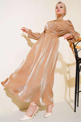 Kolu Büzgülü Elbise Kahve - Thumbnail