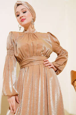 Kolu Büzgülü Elbise Kahve - Thumbnail