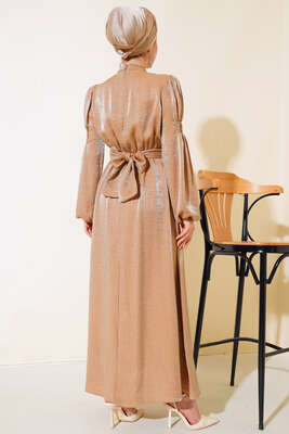 Kolu Büzgülü Elbise Kahve - Thumbnail