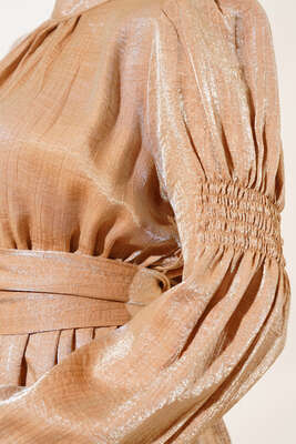 Kolu Büzgülü Elbise Kahve - Thumbnail