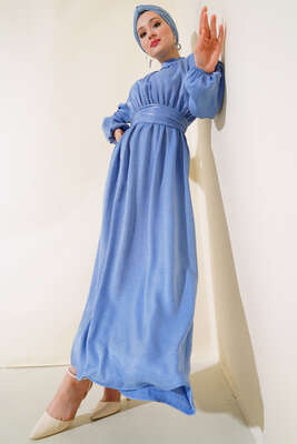 Kolu Büzgülü Elbise Mavi - Thumbnail