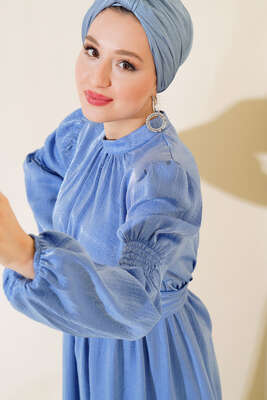 Kolu Büzgülü Elbise Mavi - Thumbnail