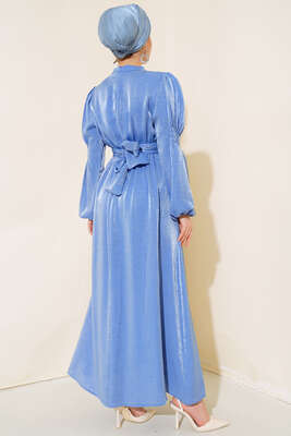 Kolu Büzgülü Elbise Mavi - Thumbnail