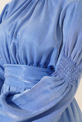 Kolu Büzgülü Elbise Mavi - Thumbnail