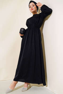 Kolu Büzgülü Elbise Siyah - Thumbnail