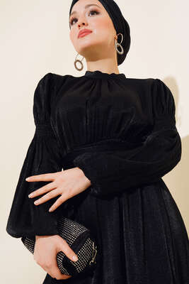 Kolu Büzgülü Elbise Siyah - Thumbnail