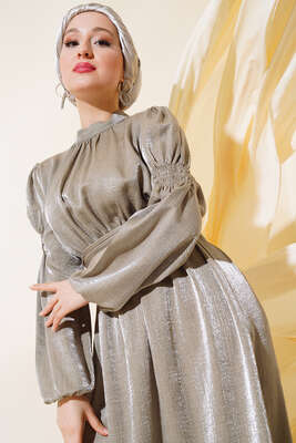 Kolu Büzgülü Elbise Yeşil - Thumbnail