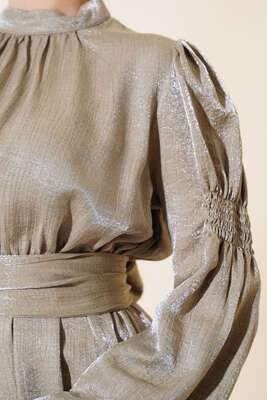 Kolu Büzgülü Elbise Yeşil - Thumbnail