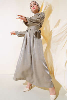 Kolu Büzgülü Elbise Yeşil - Thumbnail