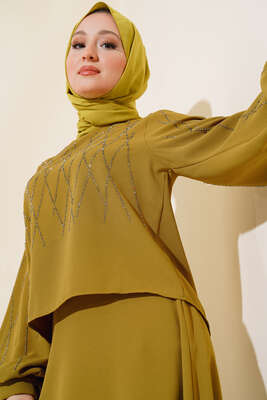 Önü Taşlı Etekli İkili Takım Yağ Yeşili - Thumbnail