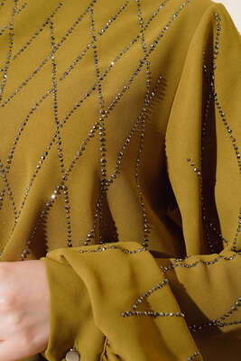 Önü Taşlı Etekli İkili Takım Yağ Yeşili - Thumbnail