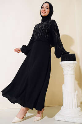 Önü Taşlı Etekli İkili Takım Siyah - Thumbnail