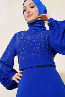 Önü Taşlı Etekli İkili Takım Saks - Thumbnail