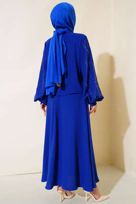 Önü Taşlı Etekli İkili Takım Saks - Thumbnail