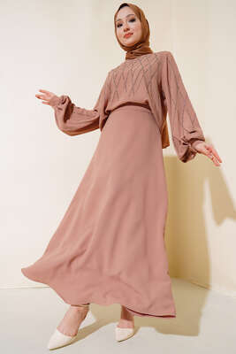 Önü Taşlı Etekli İkili Takım Latte - Thumbnail