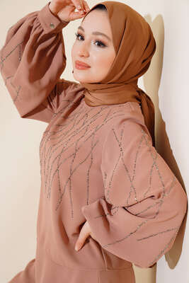 Önü Taşlı Etekli İkili Takım Latte - Thumbnail