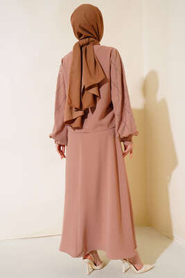 Önü Taşlı Etekli İkili Takım Latte - Thumbnail