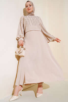 Önü Taşlı Etekli İkili Takım Bej - Thumbnail