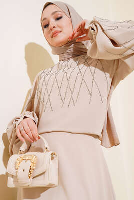 Önü Taşlı Etekli İkili Takım Bej - Thumbnail