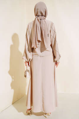 Önü Taşlı Etekli İkili Takım Bej - Thumbnail