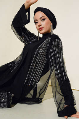 Taşlı Abaya Siyah - Thumbnail