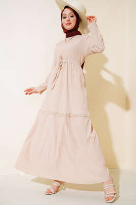 Pazarium - Dantelli Tünelli Elbise Bej