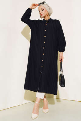 Pazarium - Boydan Tahta Düğmeli Uzun Tunik Siyah